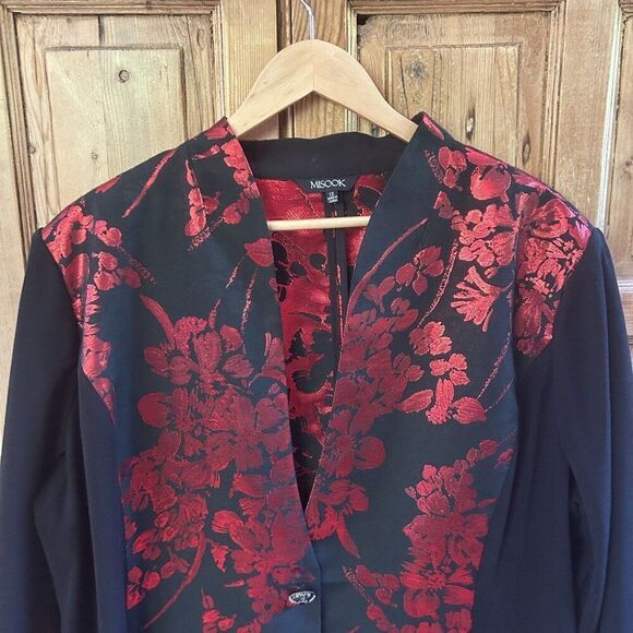 Misook 1X Red Black Evening Jacket Blazer Mature Plus Shimmer Floral 3/4 Sleeves - Picture 2 of 11